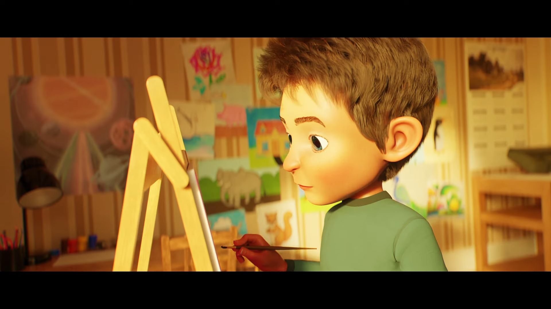 Animated boy painting at an easel in a colorful room.