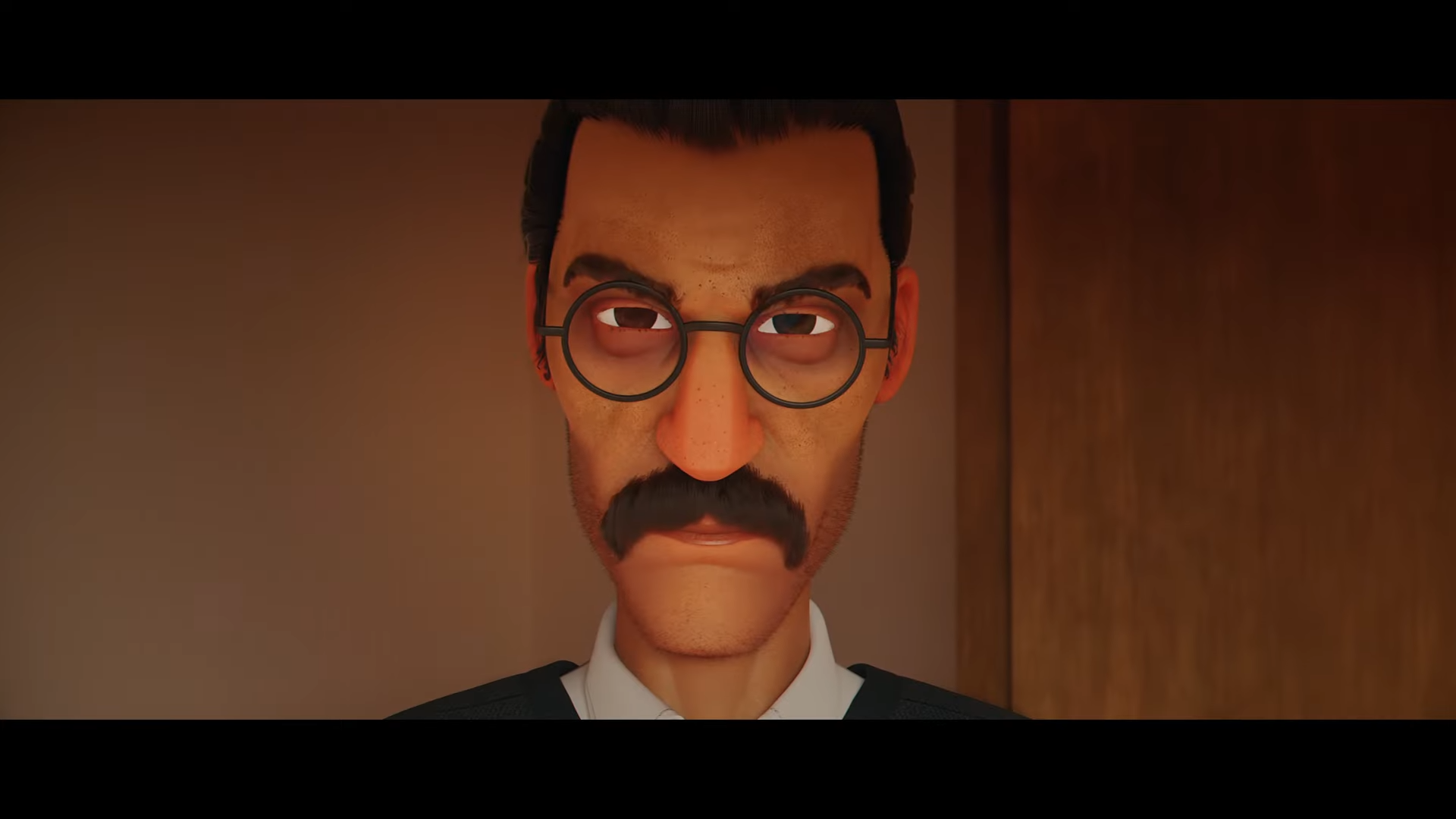 Animated man with glasses and mustache, wearing a suit, in a 3D render style.