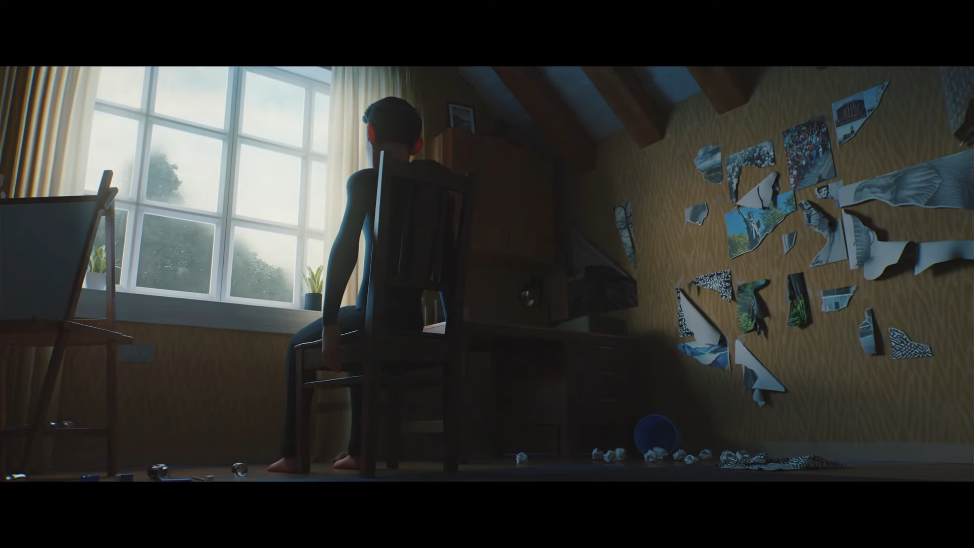 Silhouetted figure sitting by a window in a cluttered room with torn paper on the wall.