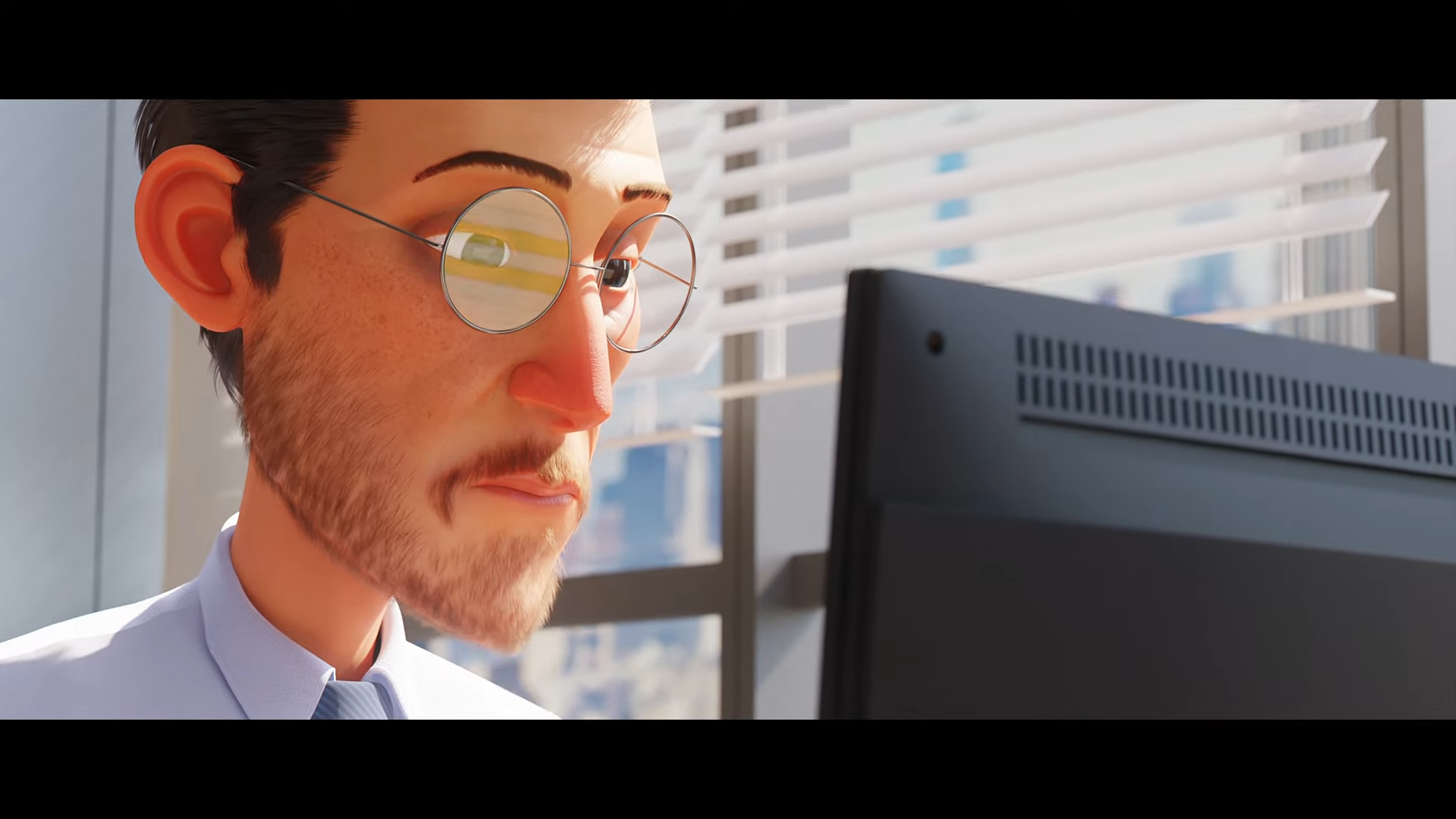 A 3D rendered image of a man with glasses working on a computer.