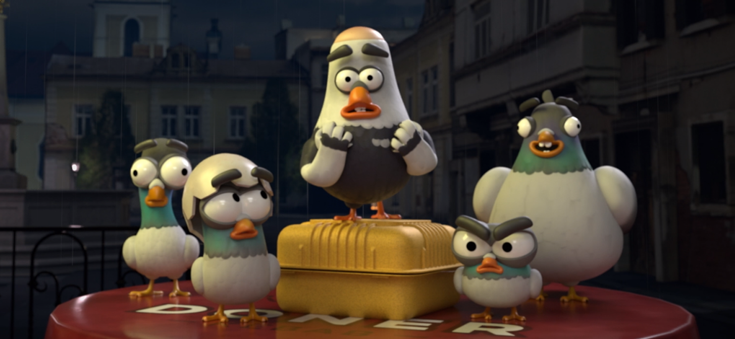 Five animated pigeons gathered on a red surface with a yellow suitcase, set against an urban backdrop.