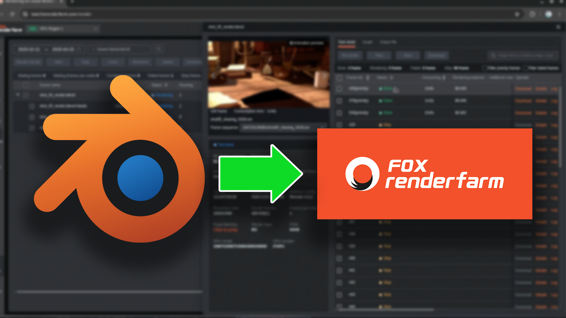 Blender logo, Fox Renderfarm arrow, Blender interface screenshot.