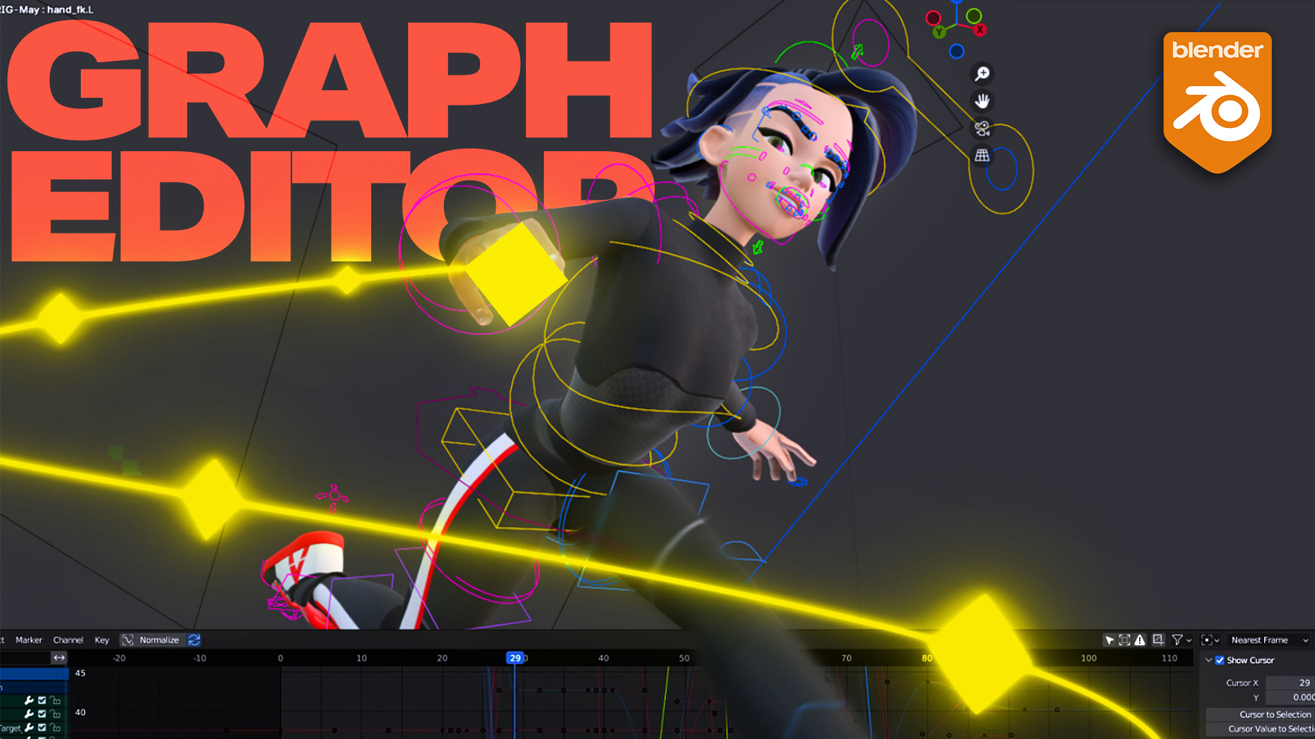 3D animation in Blender's Graph Editor, showcasing character animation with vibrant lines and curves.
