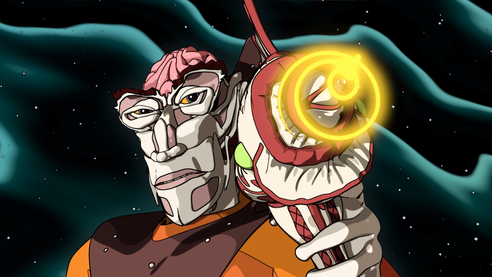 Two animated characters in a space setting; one with a glowing headgear.