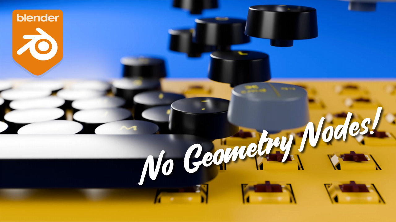 Close-up of a 3D rendered synthesizer with knobs and buttons, featuring the Blender logo and the text "No Geometry Nodes!"