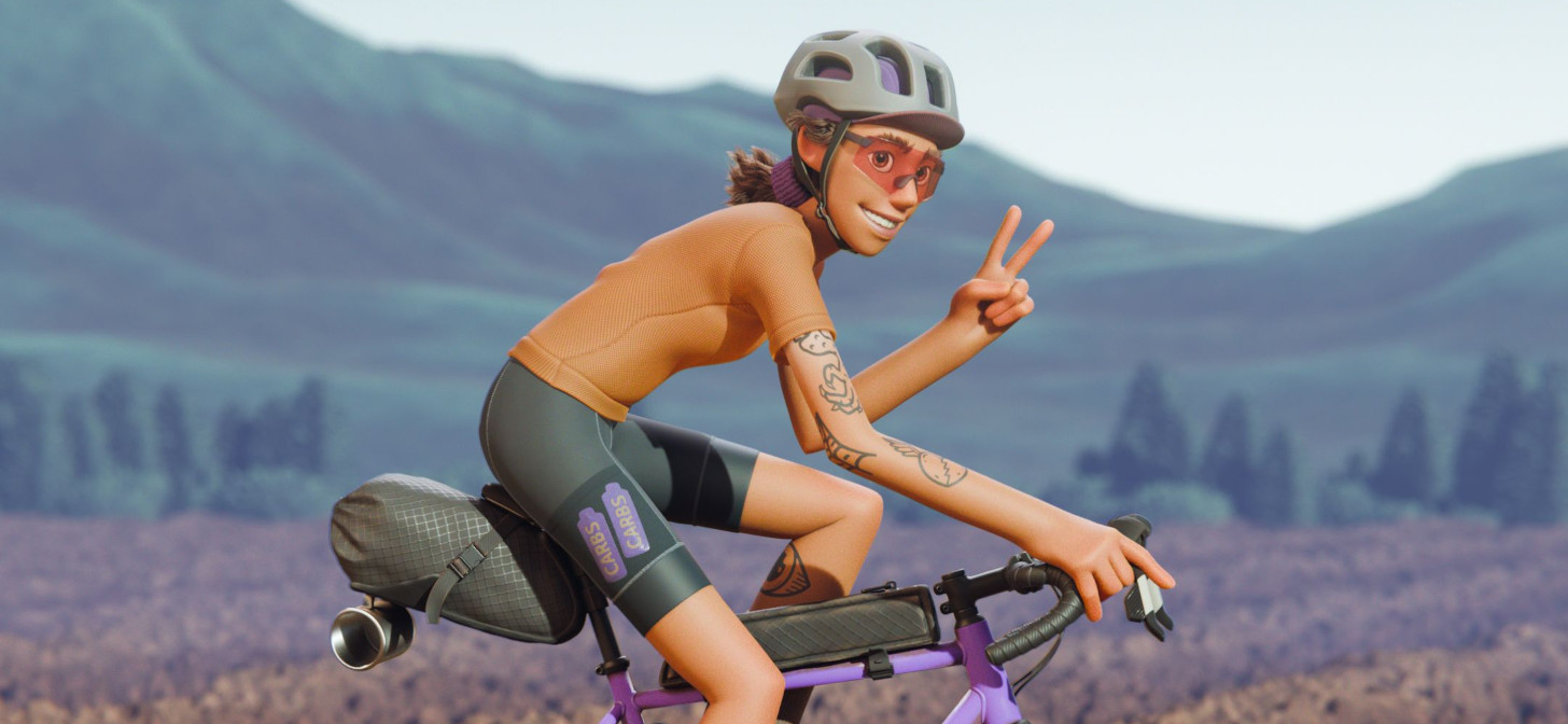 Animated cyclist wearing helmet and orange top, riding a purple bike with a nature backdrop.