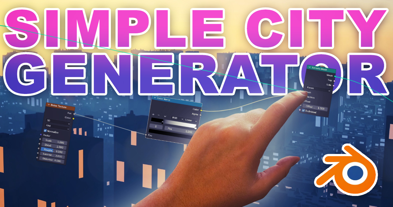 Hand interacting with Blender interface, adjusting settings for city generation, with "Simple City Generator" text overhead.