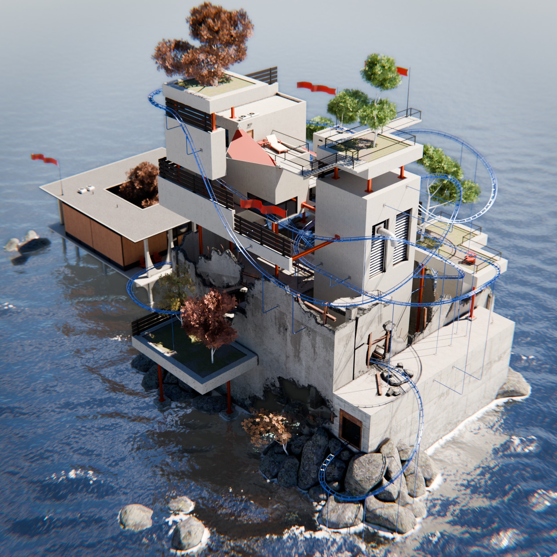 Futuristic multi-level floating house with blue railings, surrounded by water, featuring trees and red flags.