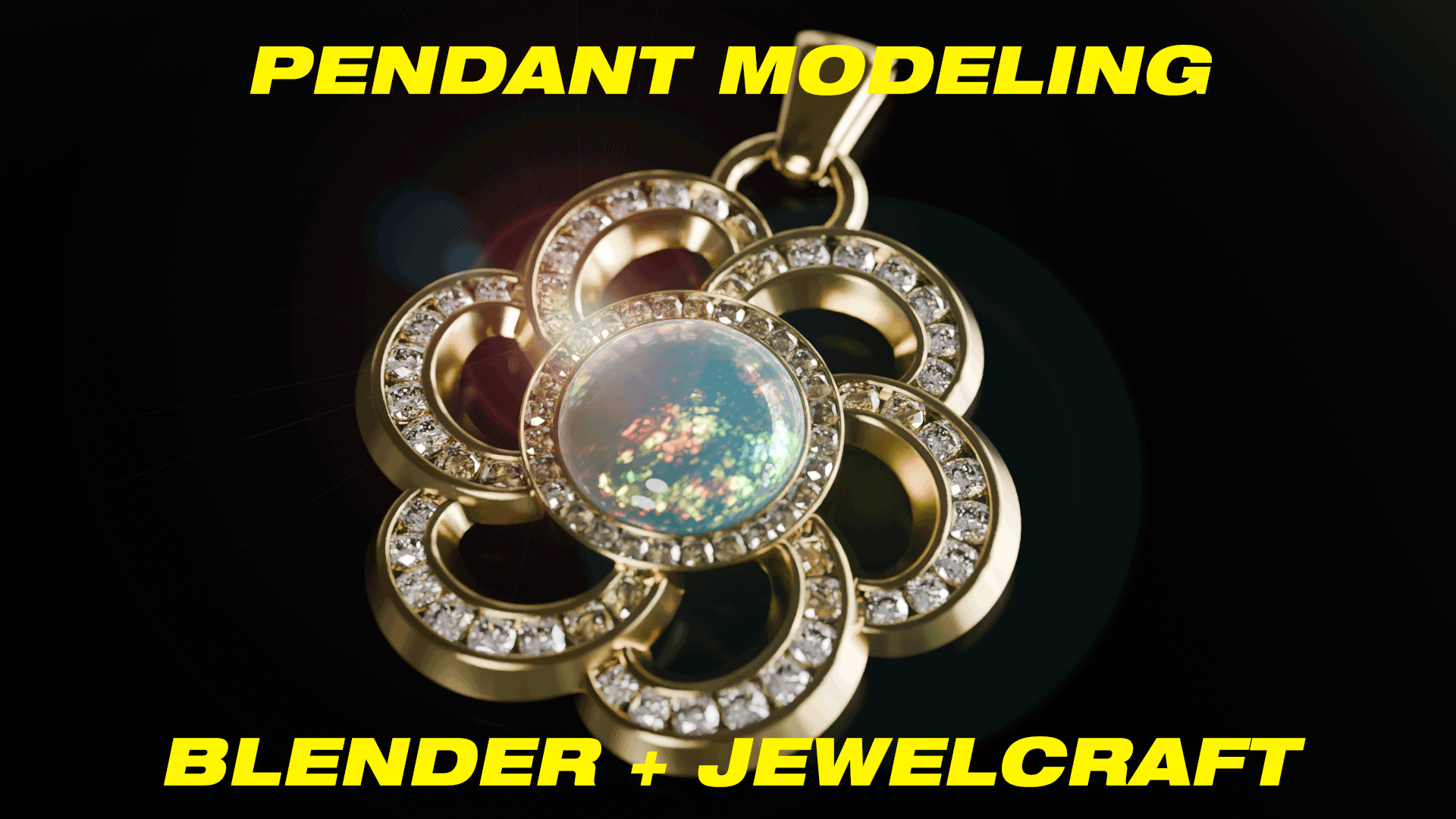Pendant modeling in Blender and Jewelcraft. Gold pendant with gemstones and diamonds.