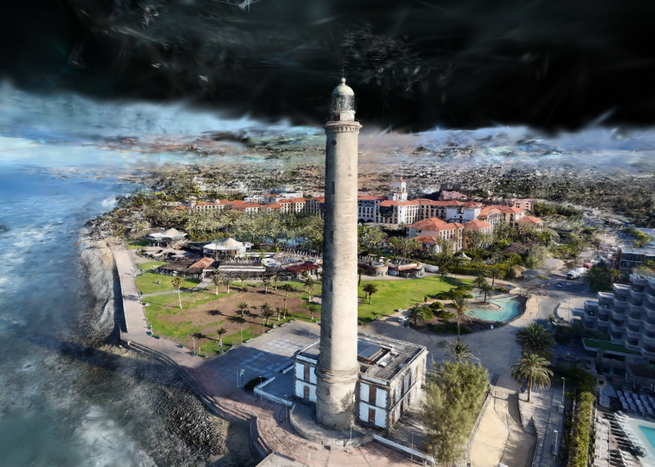 Aerial view of a coastal town with a tall lighthouse, surrounded by buildings and green spaces, rendered in a stylized, 3D art style.