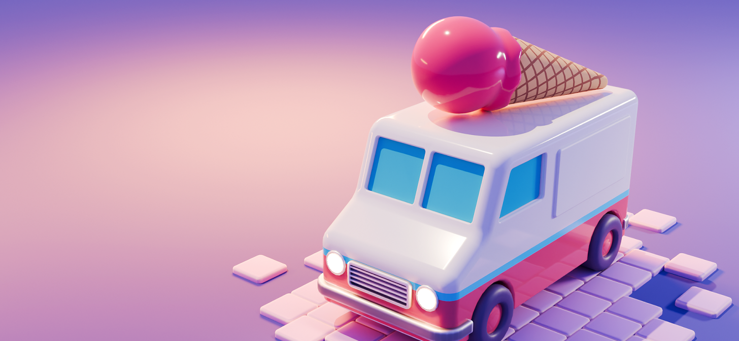 3D rendered ice cream truck with large pink ice cream on top, on a pastel blocky road.