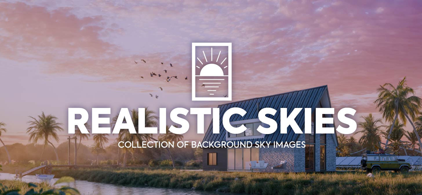 A serene sunset scene with a house, palm trees, and birds, labeled "Realistic Skies."