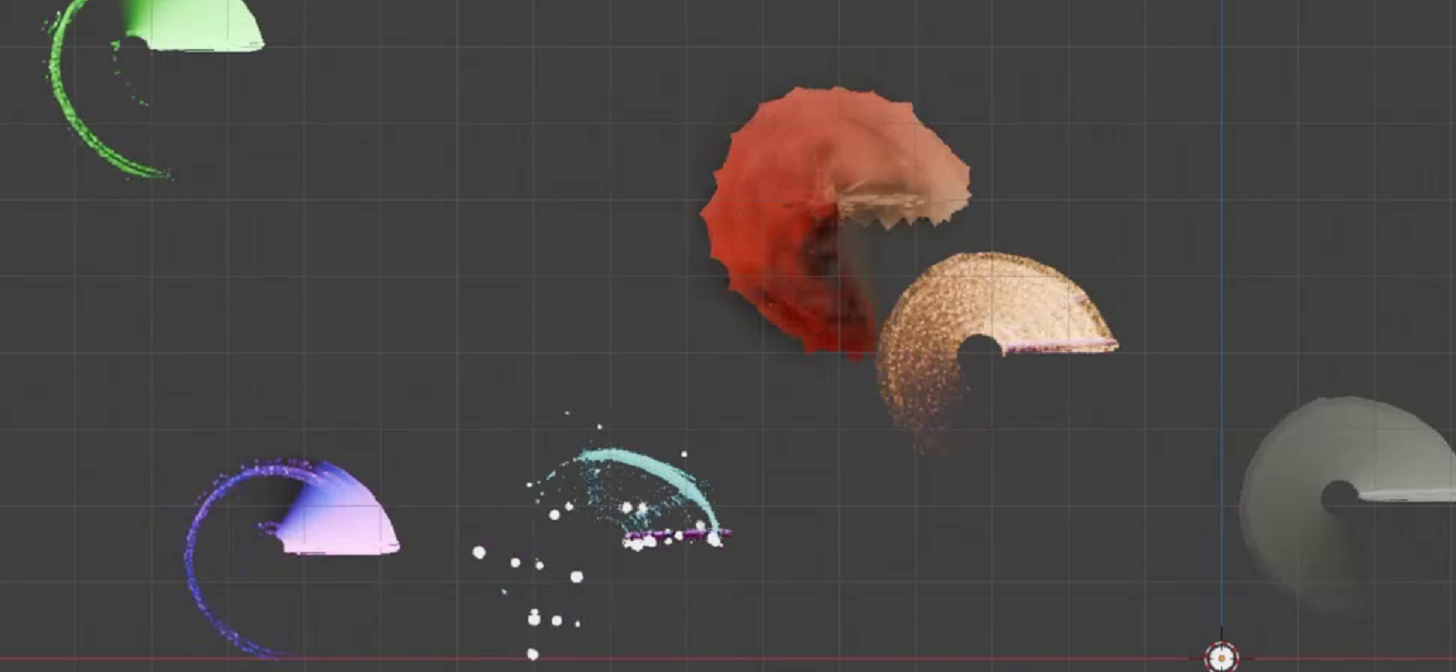 Colorful abstract shapes in 3D space, likely from Blender software interface.