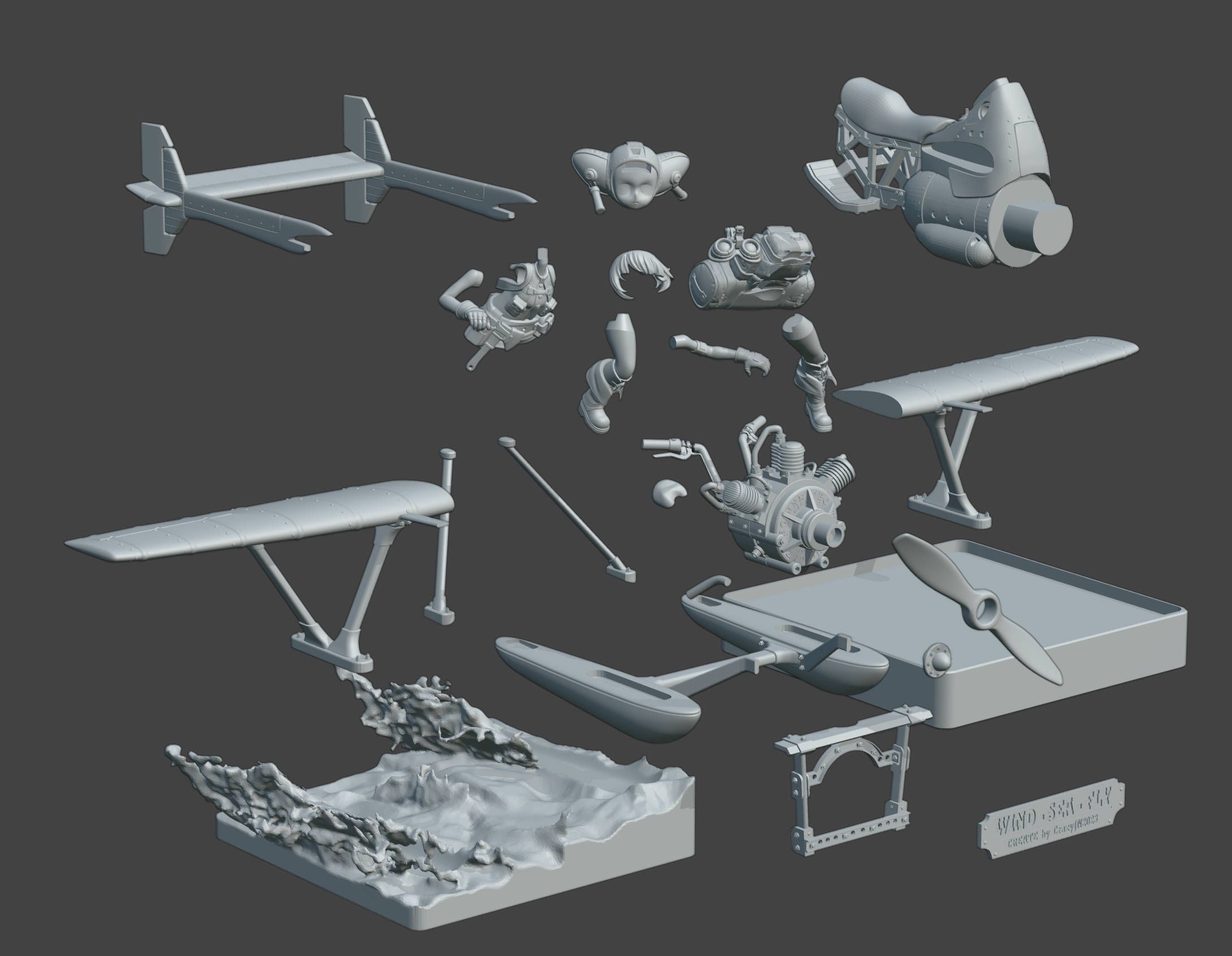 Exploded view of a vintage biplane model in 3D render, showcasing detailed components like wings, engine, and propeller.