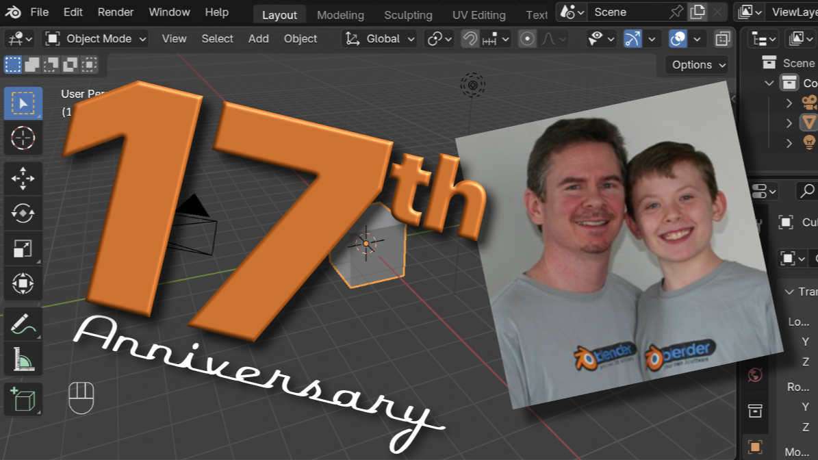 A Blender 3D interface displaying a 17th anniversary graphic with an image of two people wearing "bender" shirts.