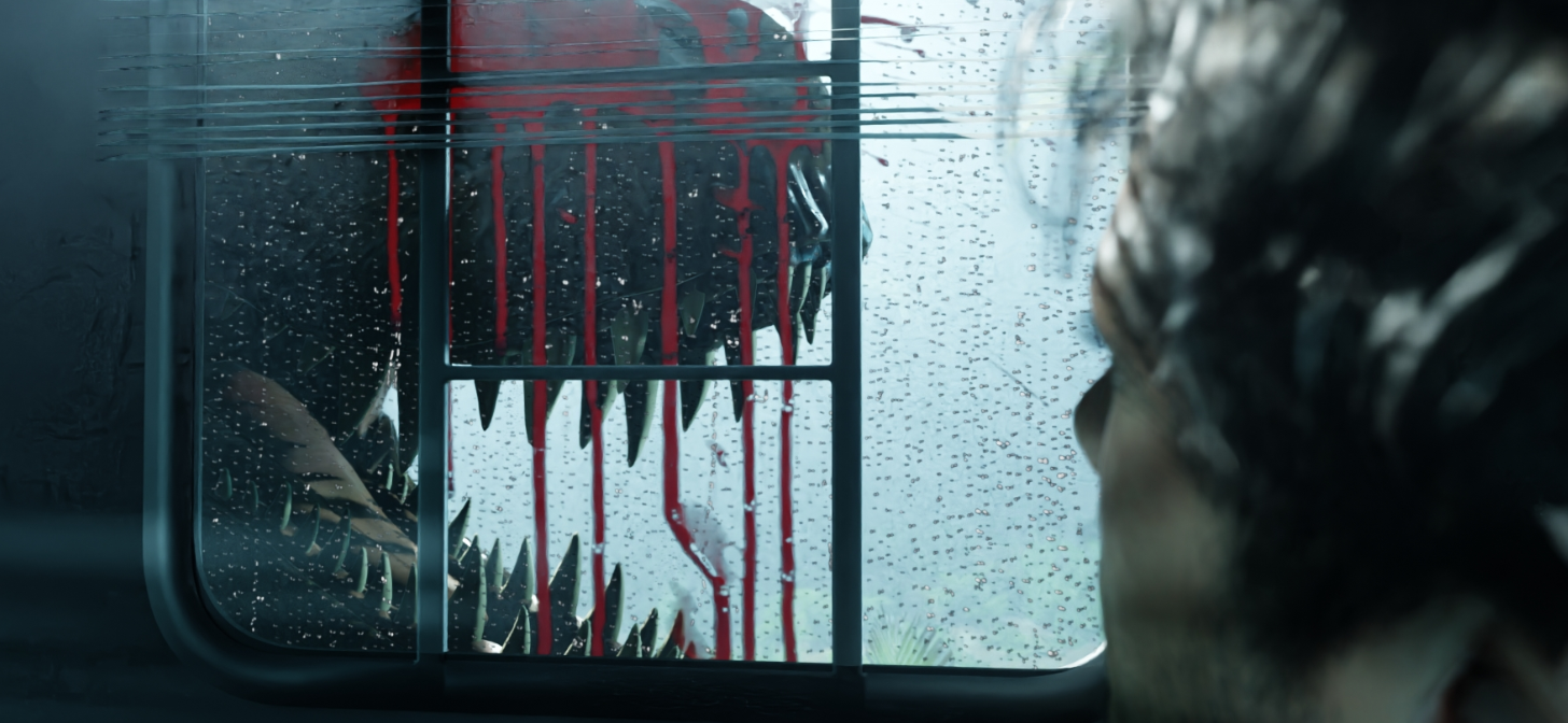 A close-up of a 3D rendered window with red liquid dripping down, likely blood, viewed from inside a dark room. The reflection of a blurred figure is visible on the window.