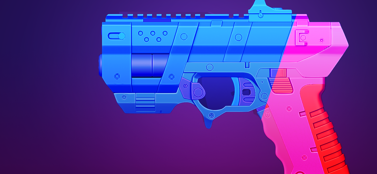 A 3D rendered toy gun in blue and pink against a purple background.