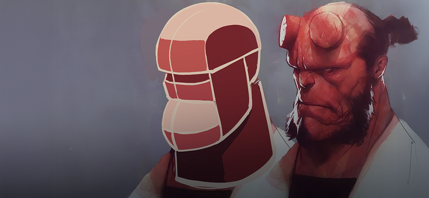 Digital art depicting a stylized character with red skin and horns, holding a geometric mask.