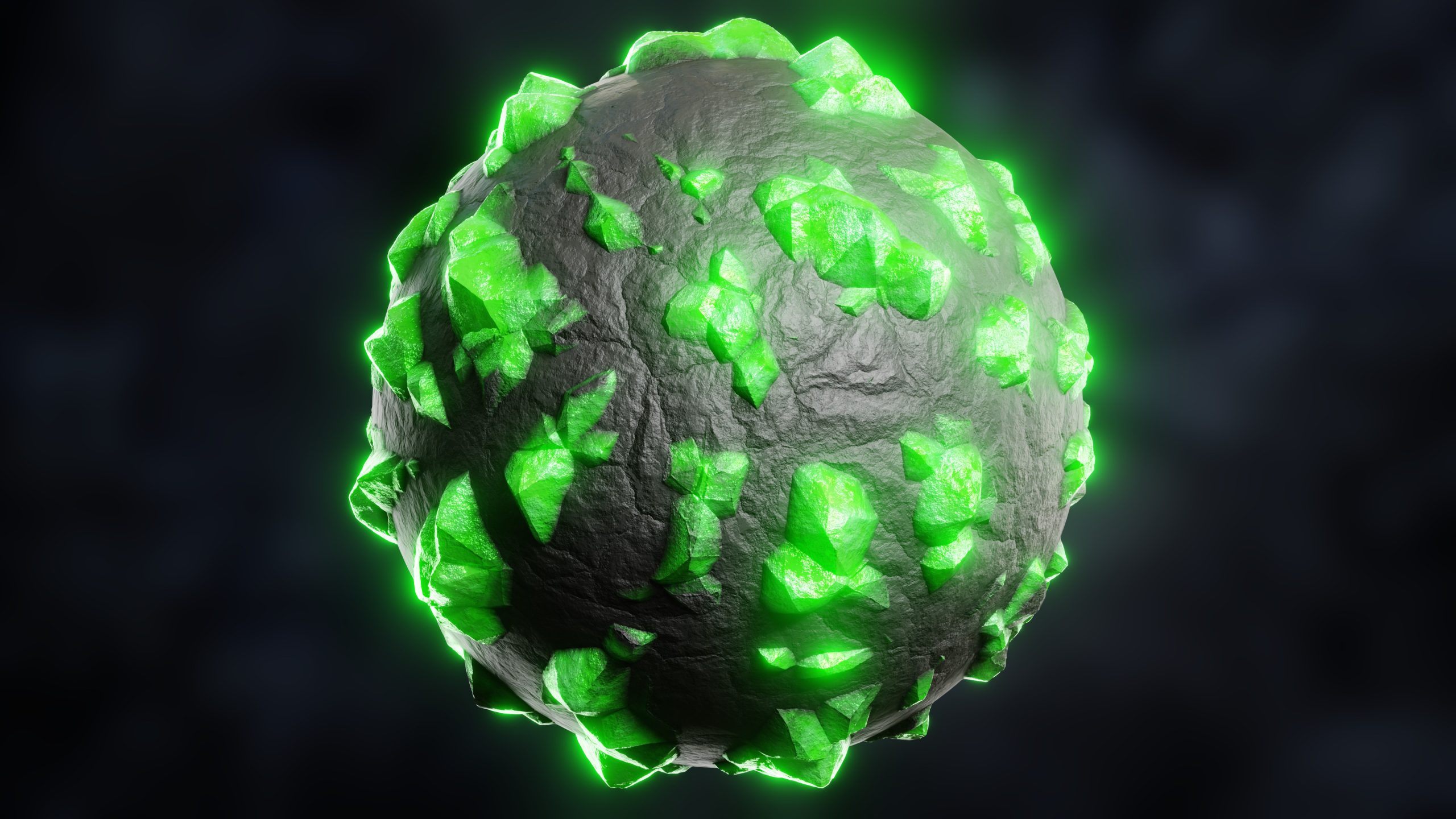 A 3D rendered sphere with rough, green crystalline structures against a dark background.