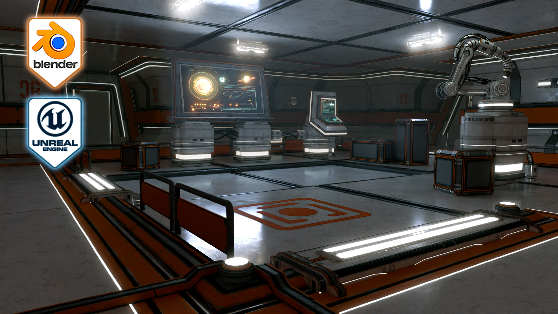 High-tech industrial room with robotic arms and control panels, rendered in 3D.