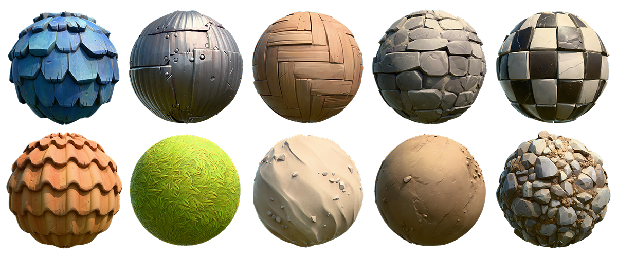 Ten 3D spheres with varied textures, including metal, stone, and organic patterns, arranged in two rows.