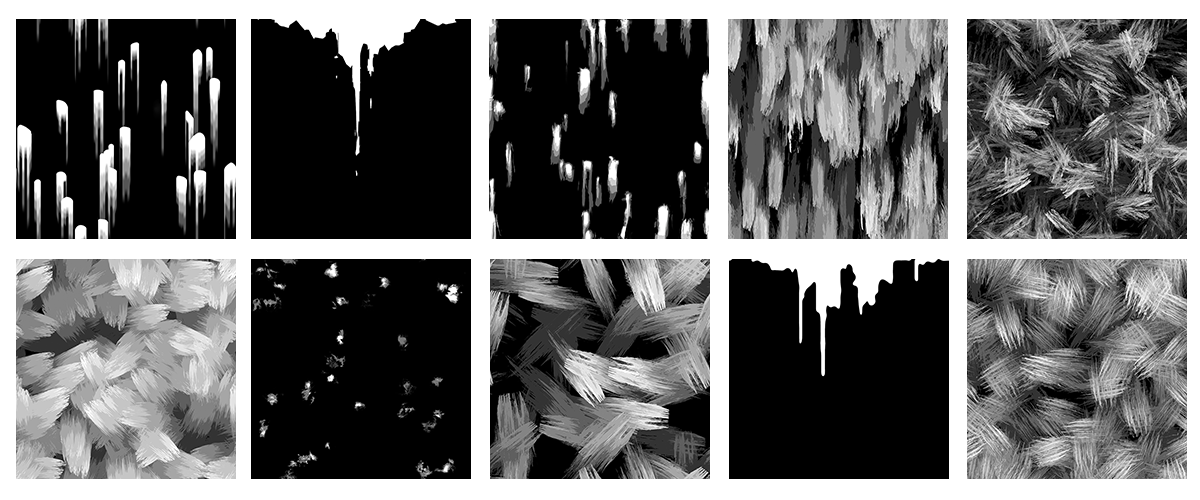 Ten abstract black and white images, likely generated using Blender, showcasing various textures and patterns.