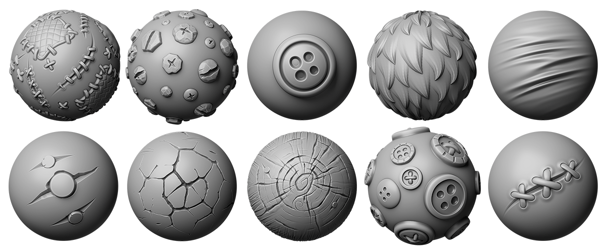 Ten 3D spheres with varied textures and designs, including patterns resembling stitches, buttons, cracks, and abstract shapes.