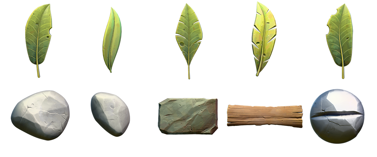 Six stylized leaves and five metallic objects arranged in a grid, likely rendered in 3D.