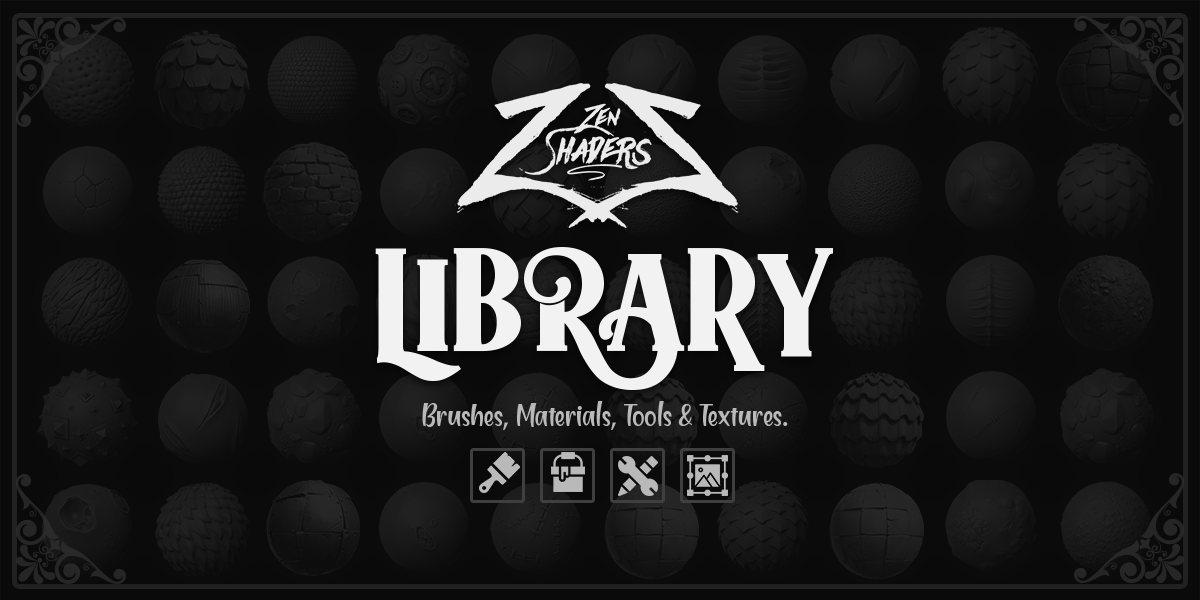 Black and white logo of Zen Shapers Library featuring stylized text and icons representing brushes, materials, tools, and textures.