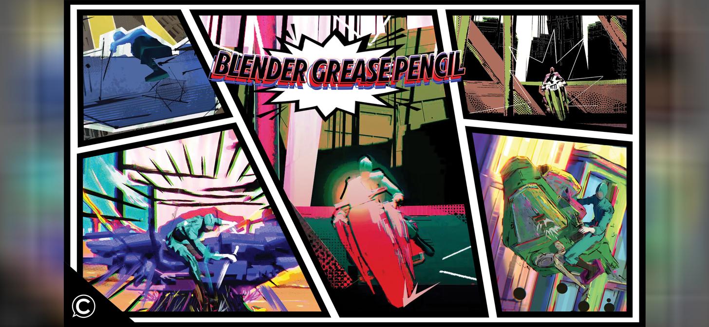 Collage of vibrant, abstract digital art created with Blender Grease Pencil, showcasing colorful, dynamic strokes and shapes.
