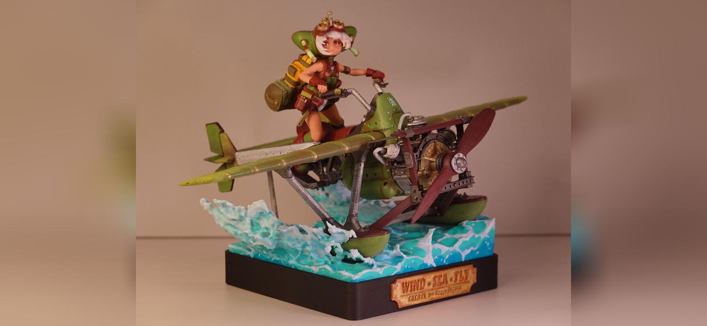 A detailed figurine of a character riding a seaplane over water, with a dynamic water splash effect.
