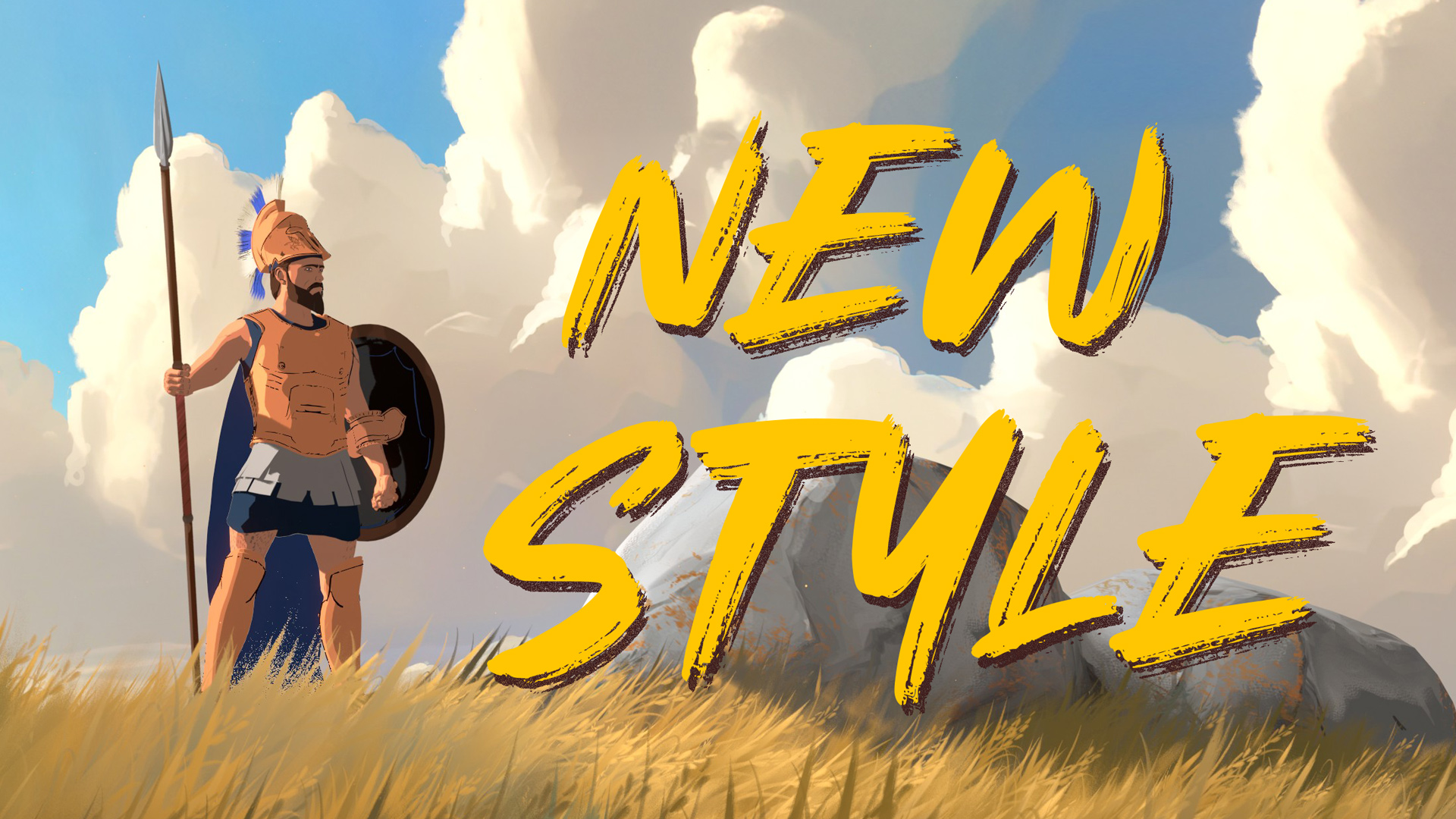 Illustrated warrior with spear and shield, standing on grassy hill, with large yellow text "NEW STYLE" behind.