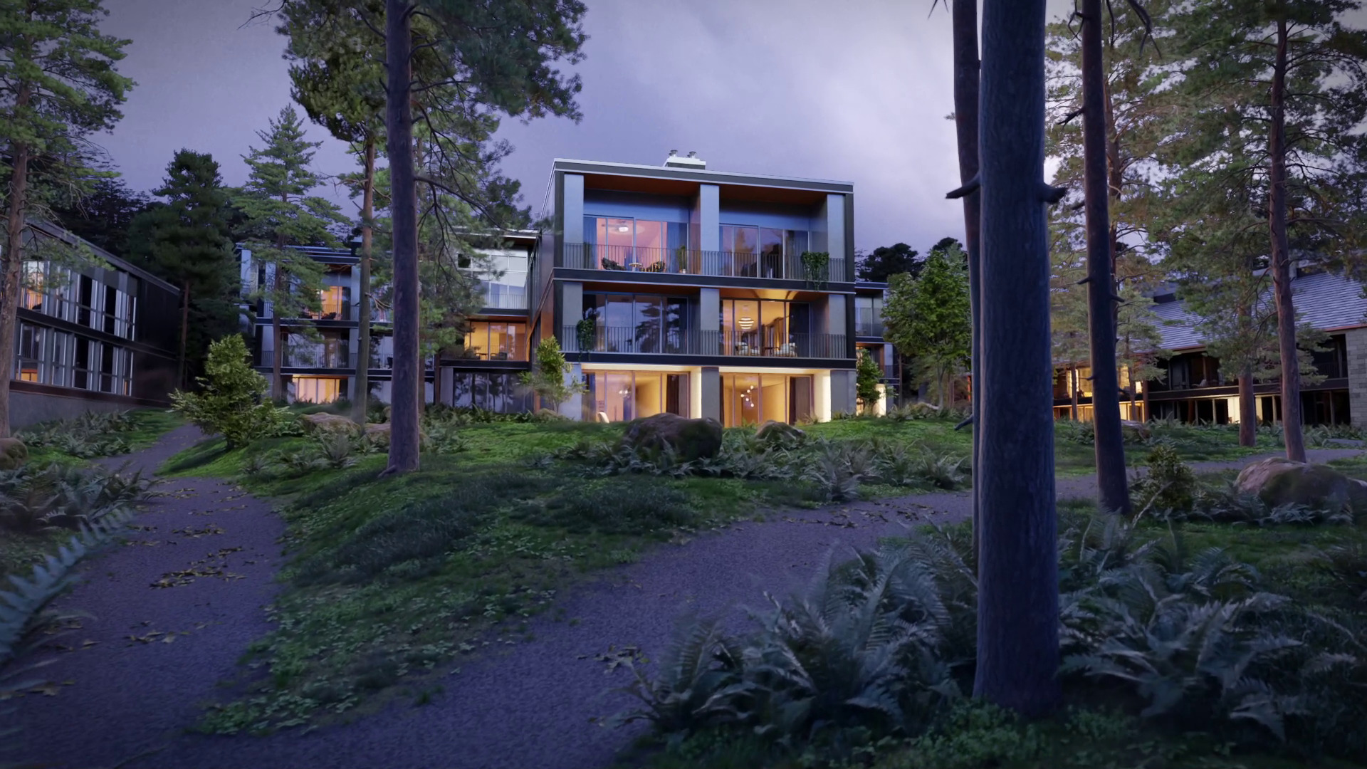Modern house rendered in 3D with large windows, surrounded by lush greenery and trees at dusk.