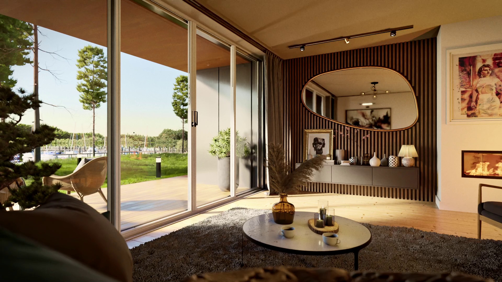 Modern living room with large sliding glass doors, showcasing a serene outdoor view with boats and greenery. The room features a round coffee table with decorative items, a large oval mirror, and stylish furniture against a vertically striped accent wall.