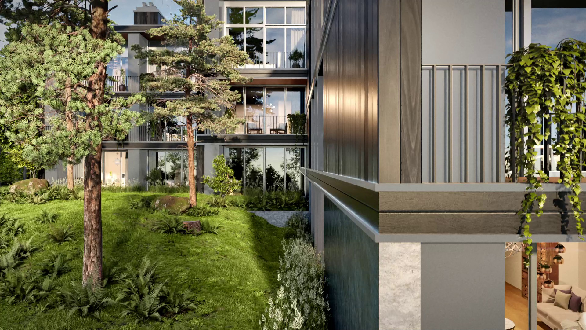 Modern architectural rendering featuring a multi-story building with large windows, surrounded by lush greenery and a well-maintained garden.