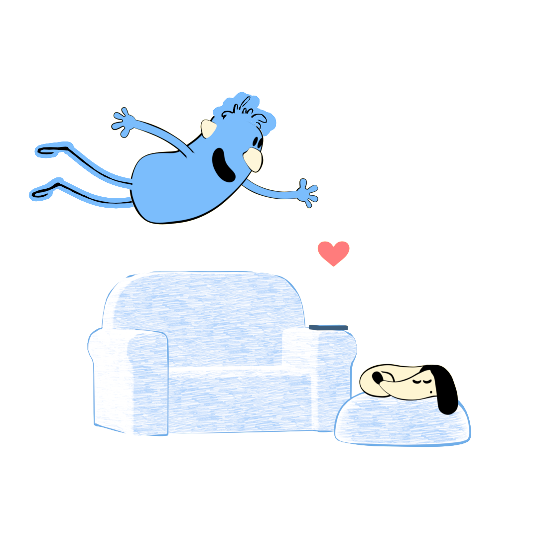 Blue cartoon character floating near a light blue couch with a sleeping dog on a cushion, heart symbol present.
