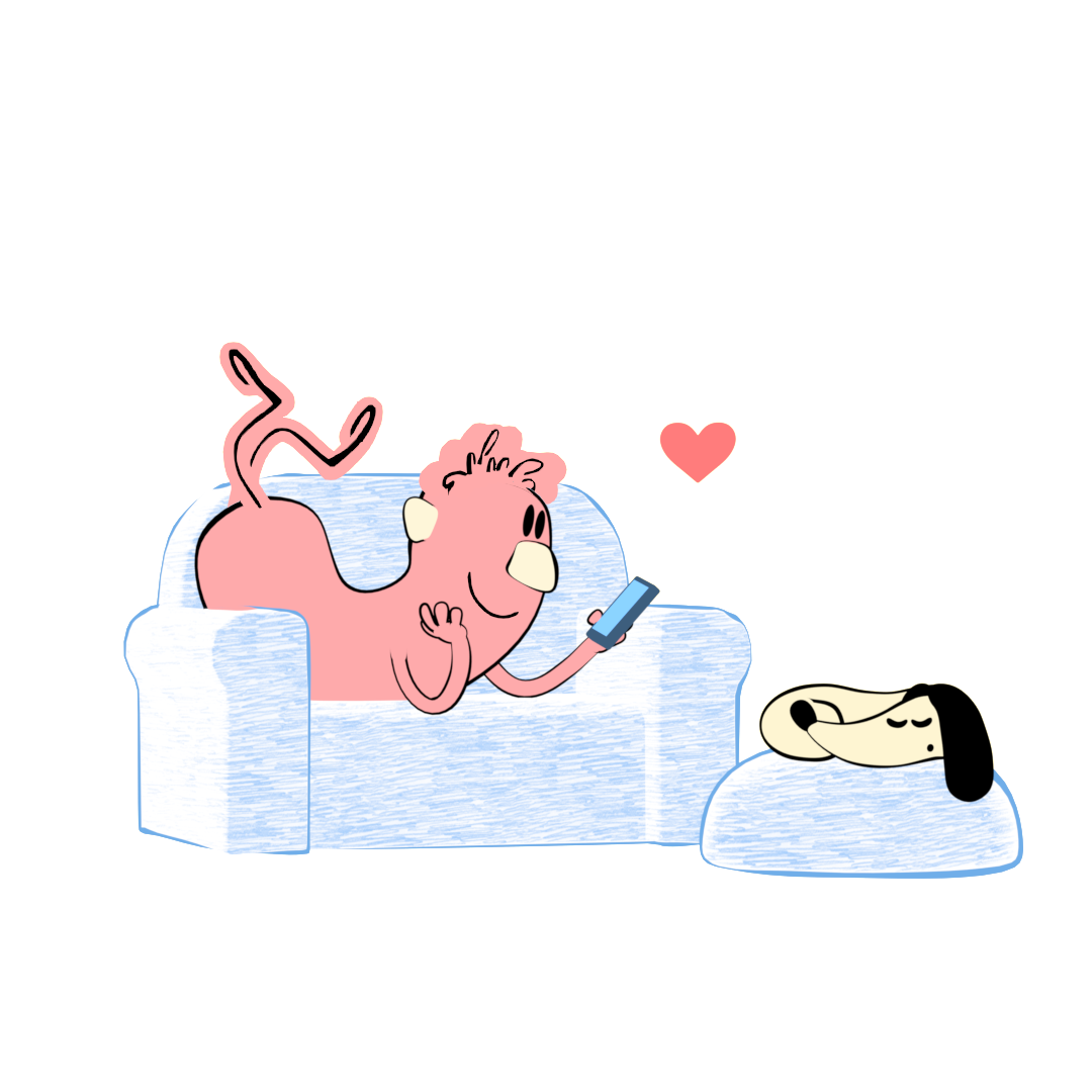 A pink cartoon character lounges on a blue couch, using a smartphone while a dog sleeps beside them.