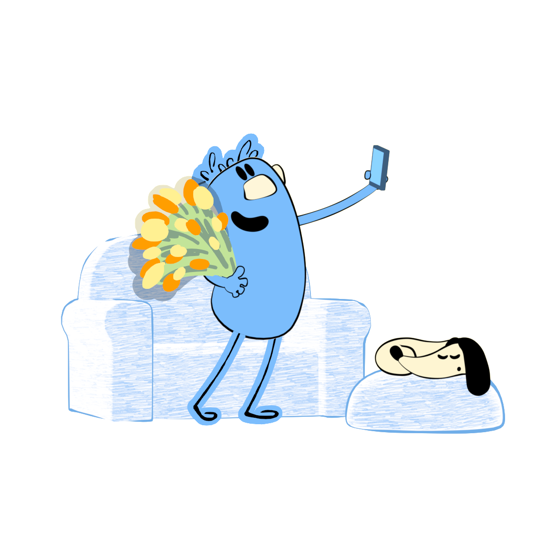 Blue alien-like character holding flowers, taking selfie with smartphone, while dog sleeps nearby.