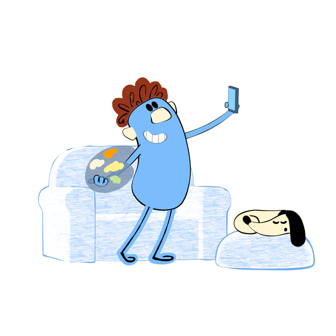 Blue humanoid character with red hair taking a selfie with a camera while holding a palette with a face on it. A sleeping dog lies nearby on a light blue surface.