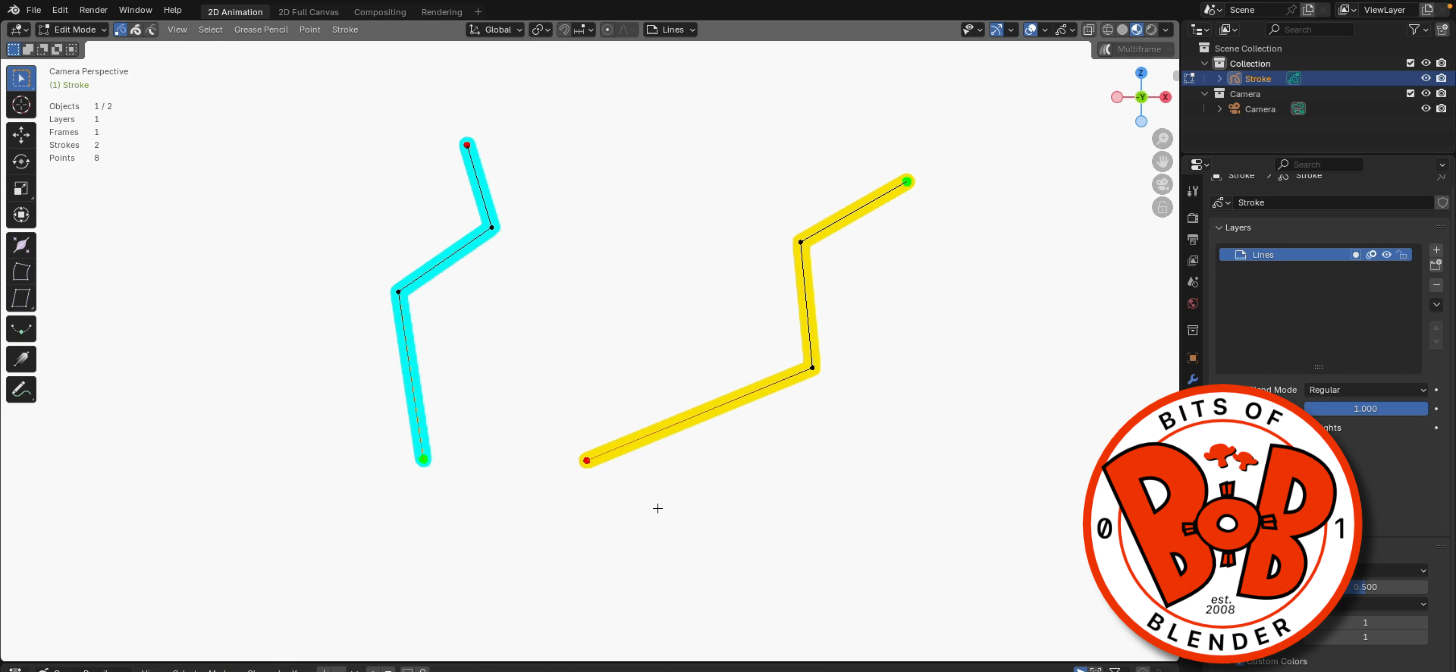 Screenshot of Blender 3D interface displaying two colored objects: cyan and yellow, with "Bits of Blender" logo.