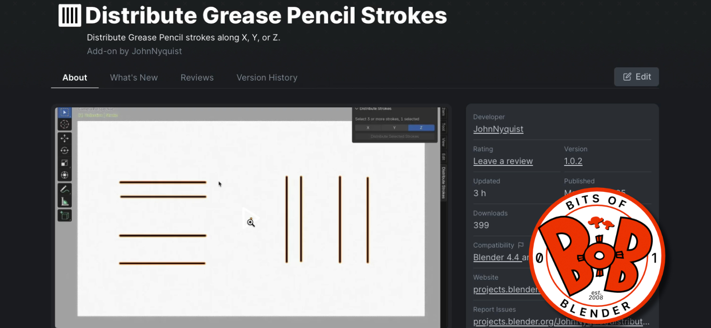 A screenshot of the Blender interface displaying the "Distribute Grease Pencil Strokes" add-on by JohnNyquist. The interface shows a canvas with evenly distributed horizontal and vertical grease pencil strokes.