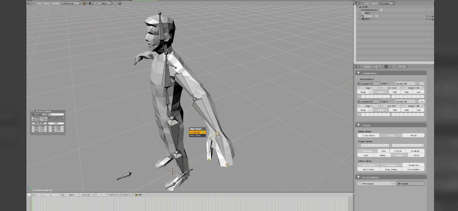 3D model in Blender interface, wireframe view, character with outstretched arm, user interface visible.