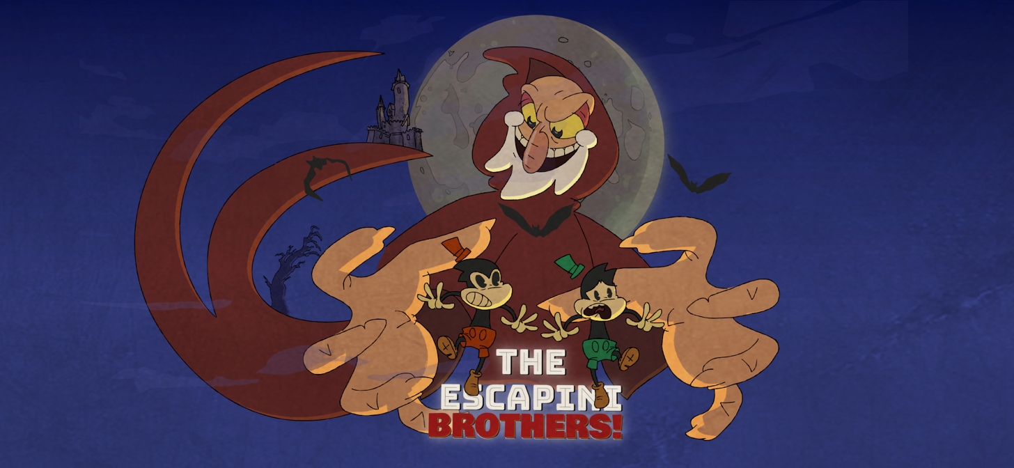 Cartoonish illustration of a witch holding three mischievous imps under a full moon, with a castle in the background.