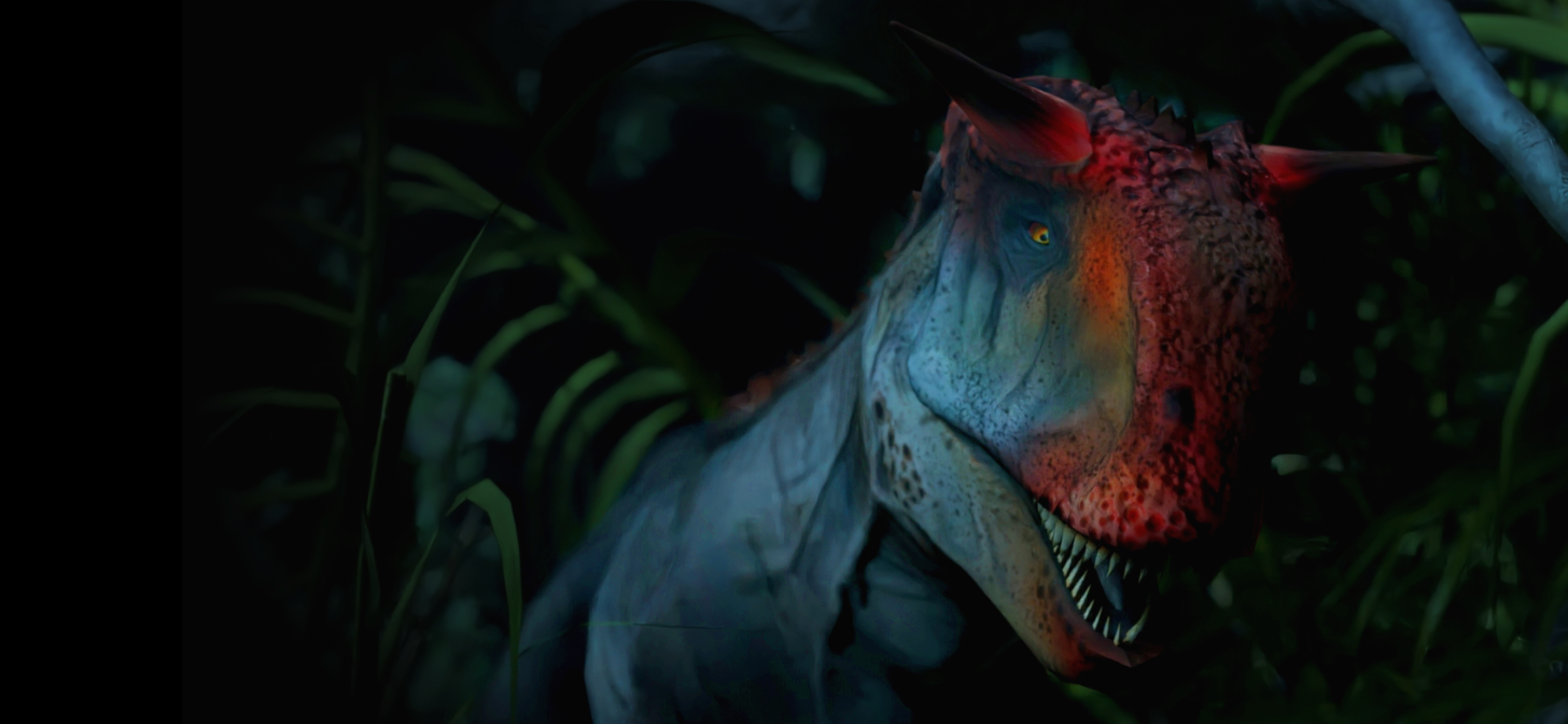 A detailed 3D render of a dinosaur head with red and blue hues, surrounded by green foliage.