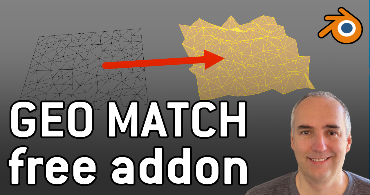 Man smiling with Blender logo, Geo Match addon icon, and mesh transformation visual.