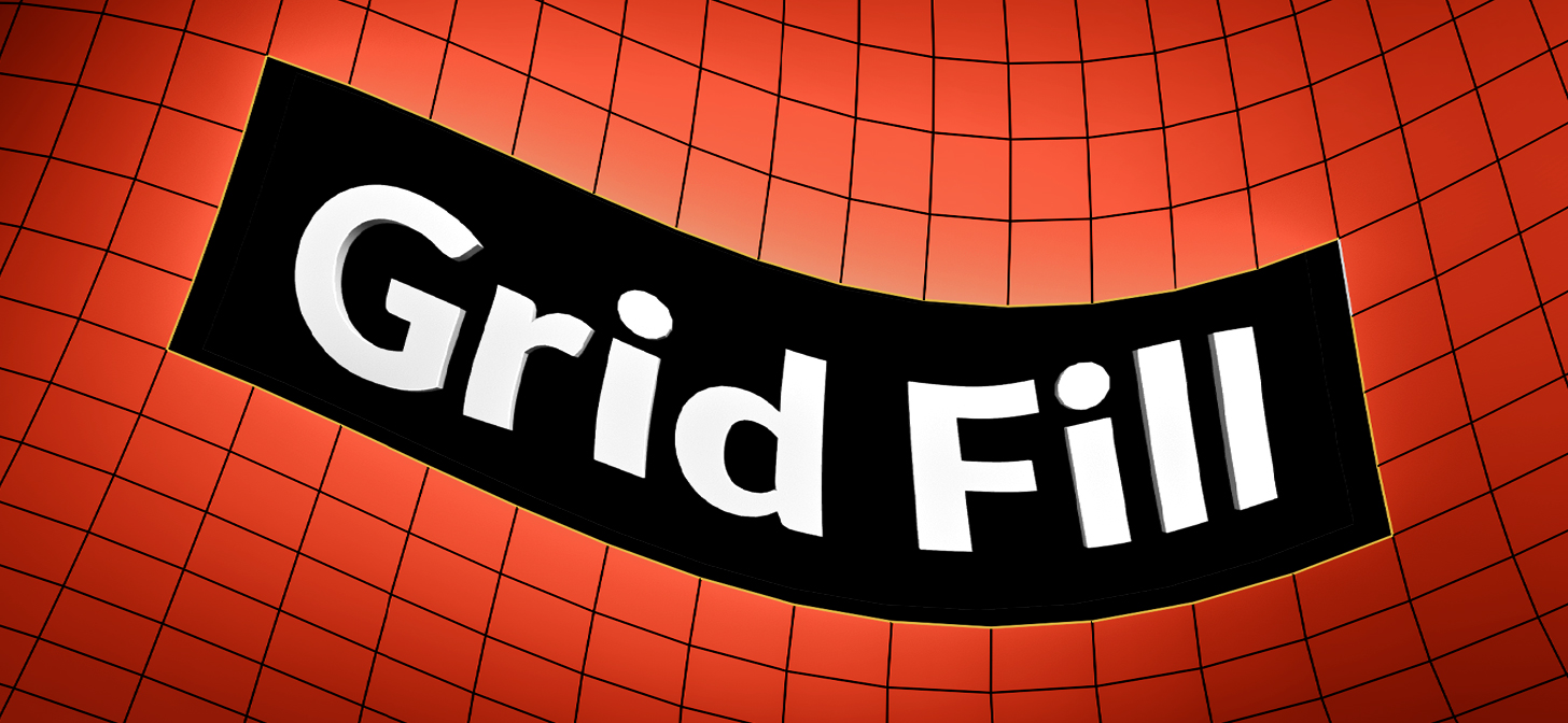 Black curved sign with white text "Grid Fill" on red grid background.