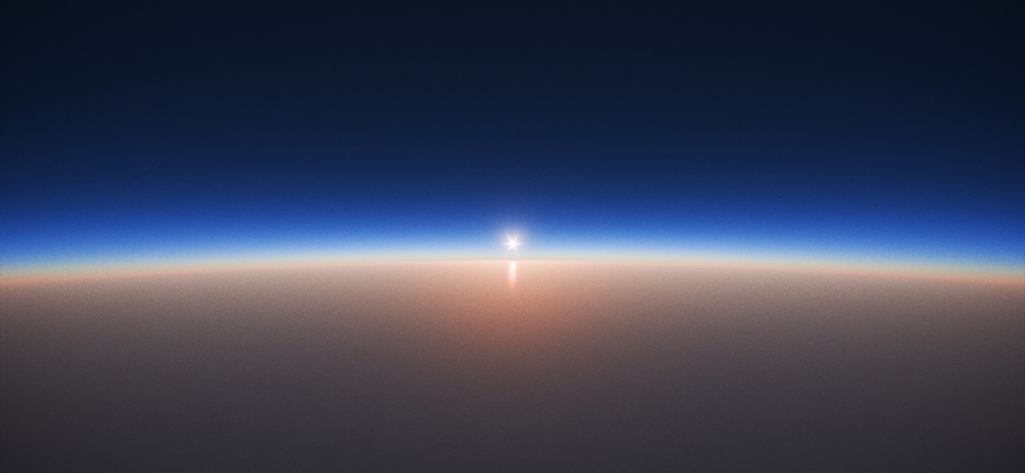 Aerial sunset with vibrant orange and blue hues, likely rendered in a 3D software like Blender.