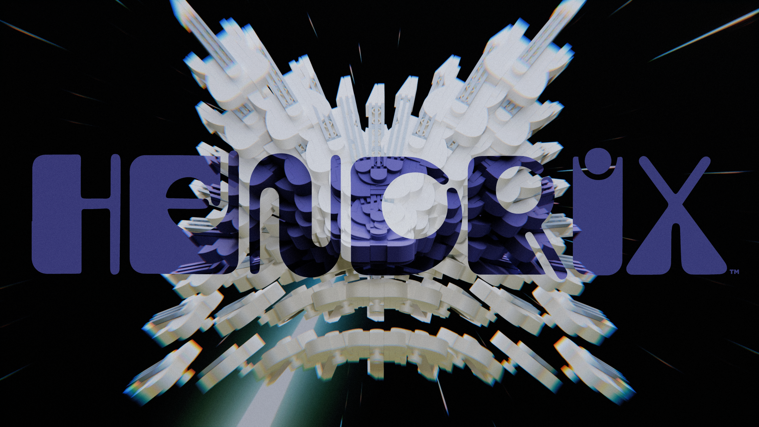 Abstract 3D geometric explosion with the word "Hendrix" in bold, stylized letters.