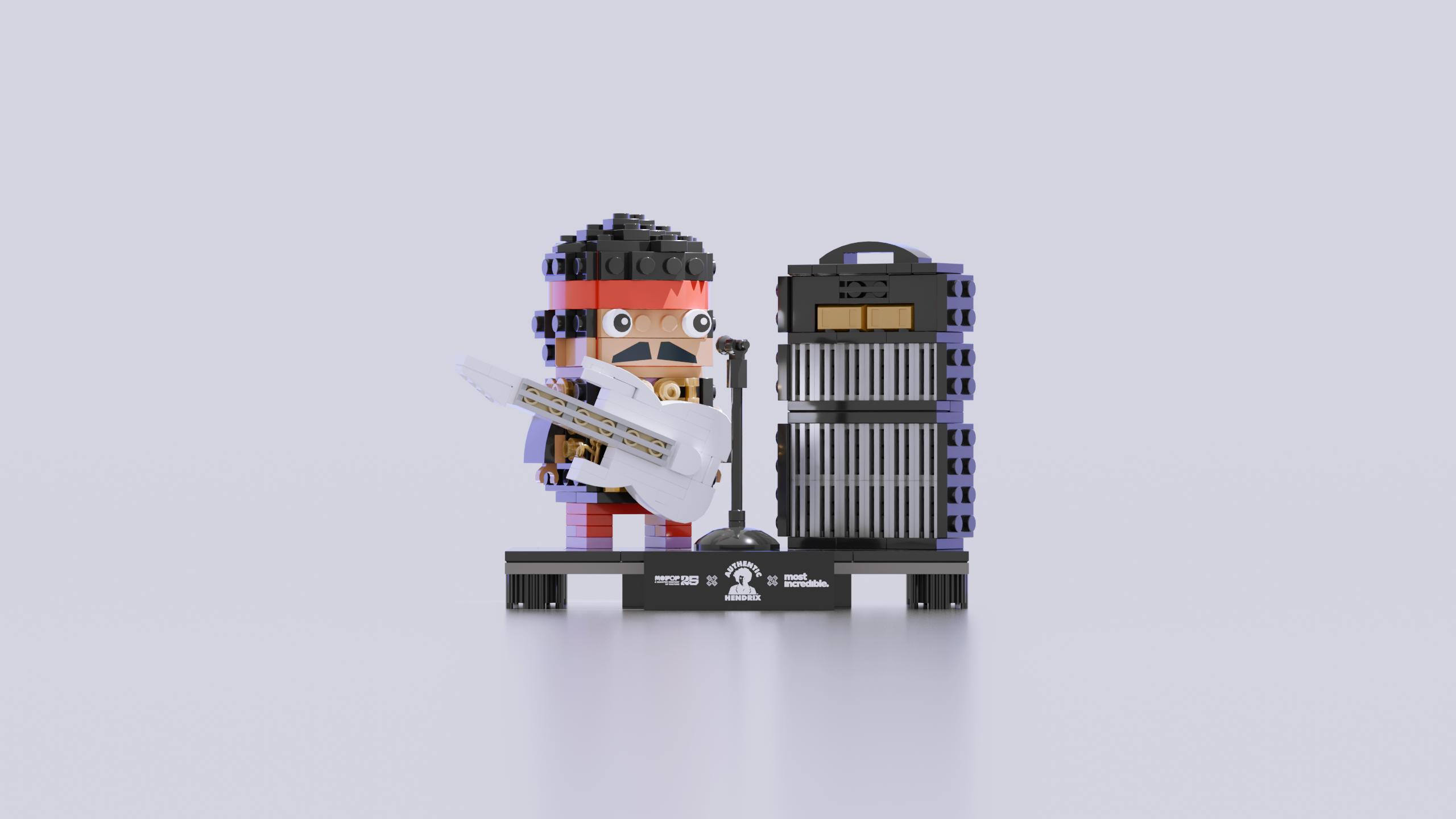 Lego-style figure playing saxophone next to a stack of speakers