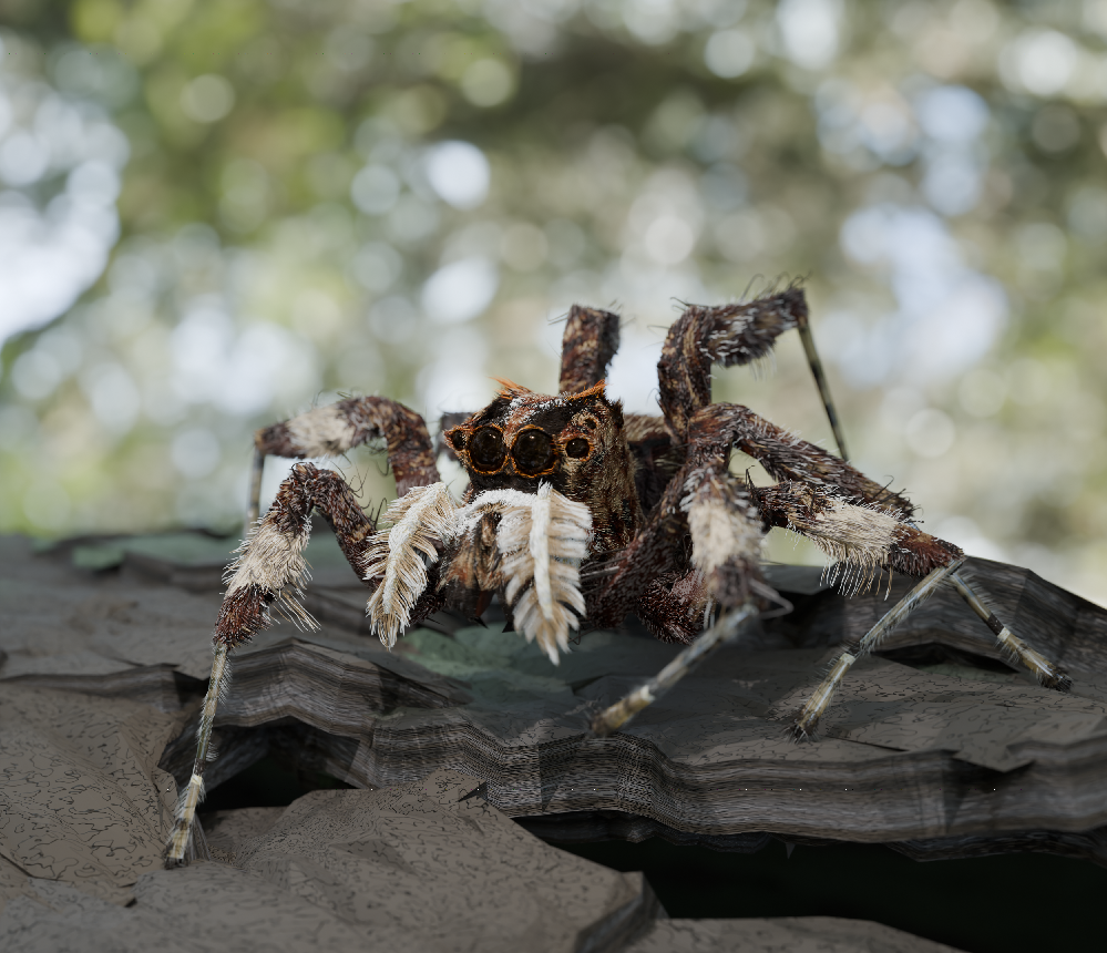 Close-up of a 3D rendered spider on a rock, showcasing detailed textures and realistic lighting.